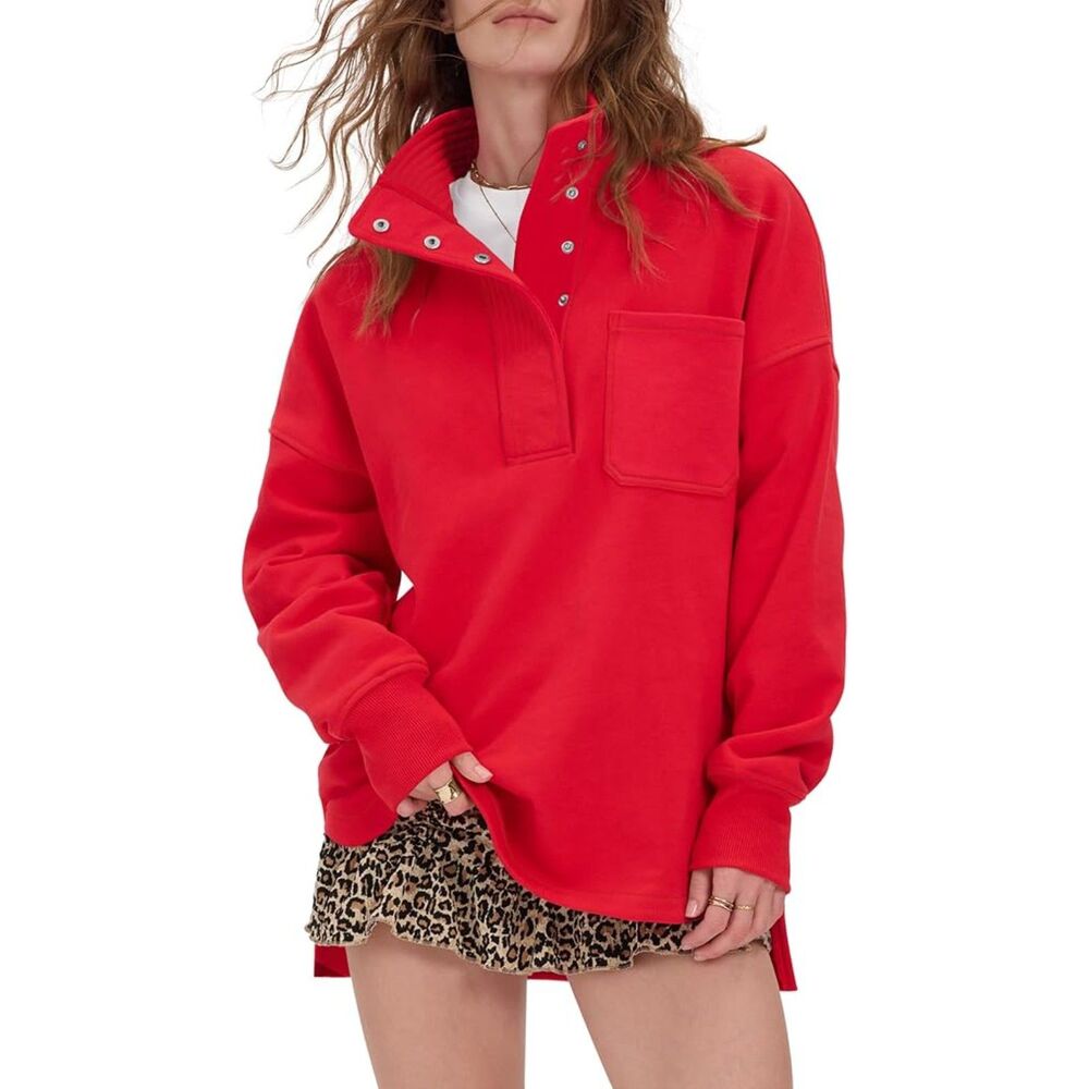 Long Sleeve Button Henley Neck Pullover Top, Large, 6C-184T002